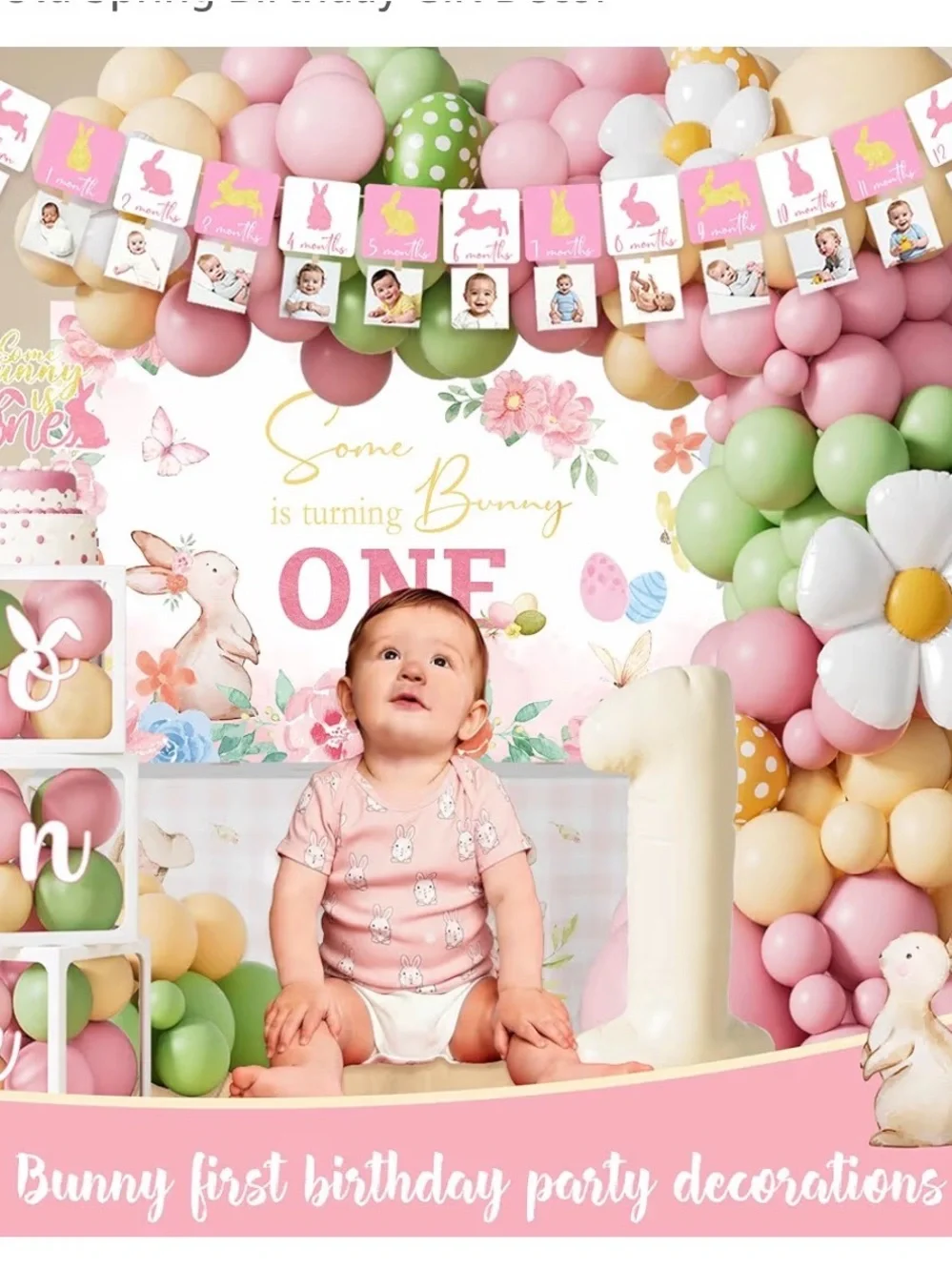 First Birthday Party Decorations Kit - Pink Floral Bunny Theme